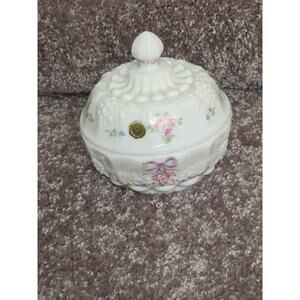 Westmorland glass hand painted milk glass with label